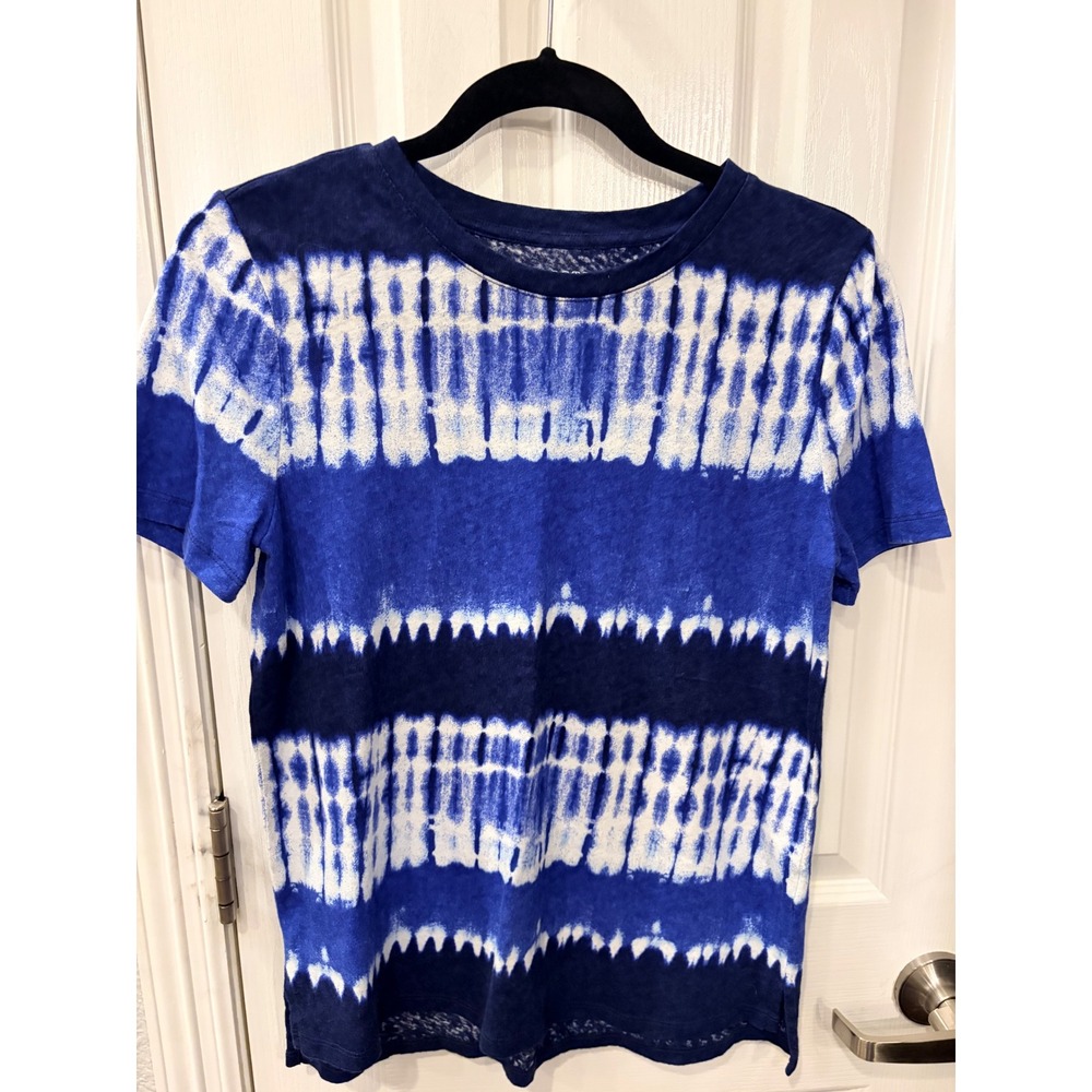 Talbots T-Shirt Blue White Tie Dye Linen Cotton Blend Short Sleeve Shibori Top